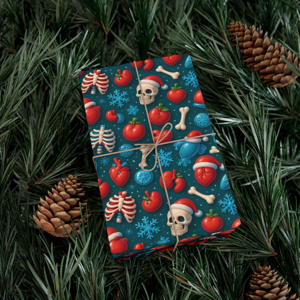 Anatomy Skulls Hearts Bones Pattern Gift Wrap, Holiday Wrapping Paper