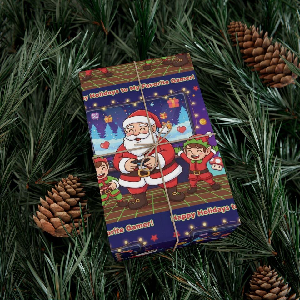 Gaming Santa and Elves Pattern Gift Wrap Papers, Christmas Wrapping Paper