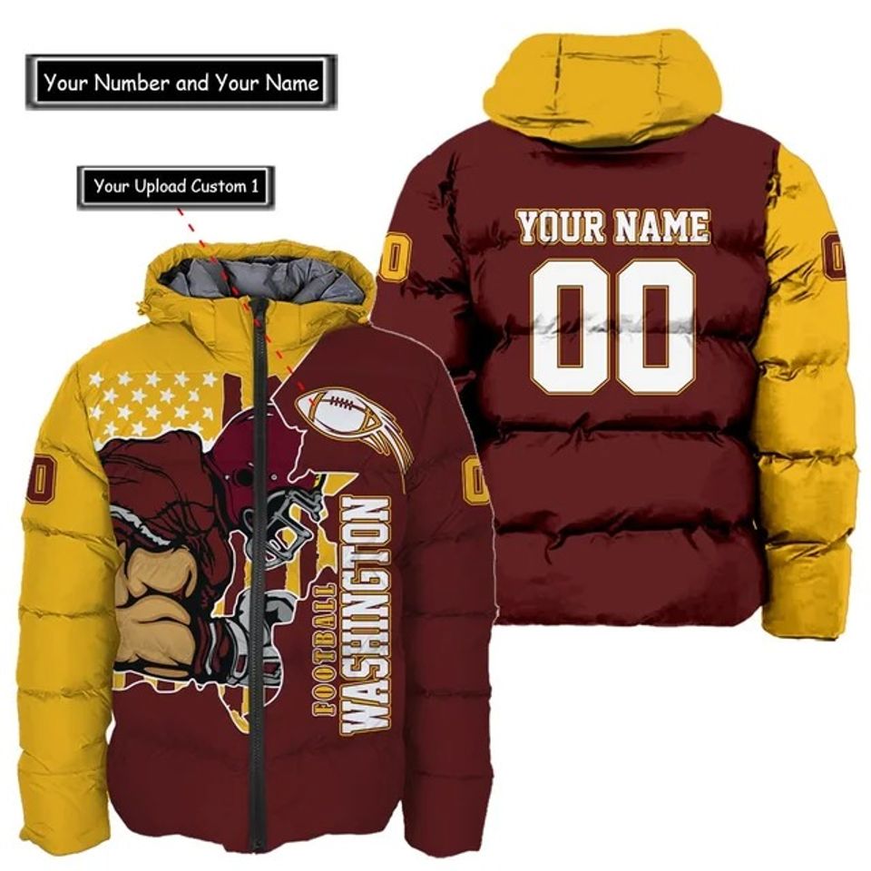 Washington Commanders Custom Name and Number Hooded Puffer Jacket, Football Team Jacket, Winter Gift