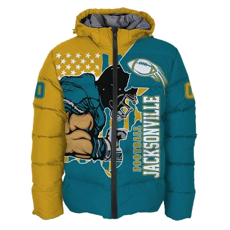 Jacksonville Jaguars Custom Name and Number Hooded Puffer Jacket, Football Team Jacket, Winter Gift
