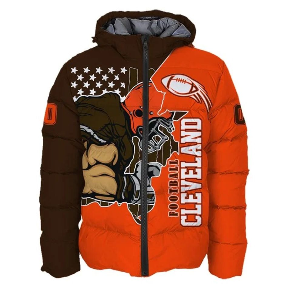 Cleveland Browns Custom Name and Number Hooded Puffer Jacket, Football Team Jacket, Winter Gift