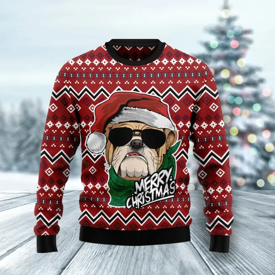 Bulldog Merry Christmas unisex womens & mens - 3D Print Ugly Sweatshirt