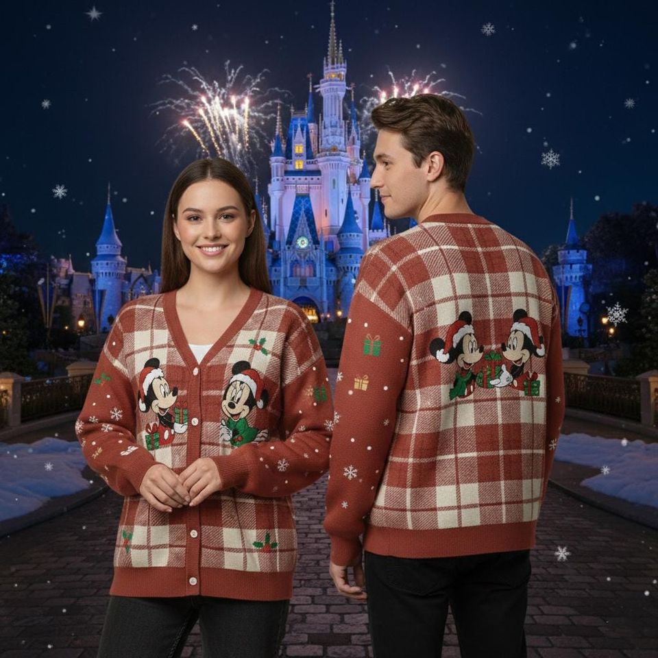 Disney Mickey Mouse Christmas Plaid Cardigan Printed Sweater Cardigan