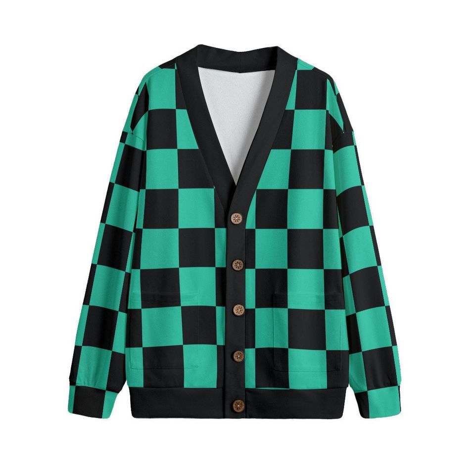 Green & Black Checker Print Unisex V-Neck Cardigan with Button Closure