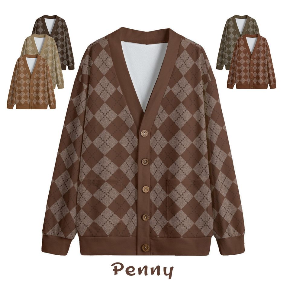 Ode to Brown Argyle Diamond Print Unisex V-Neck Print Cardigan