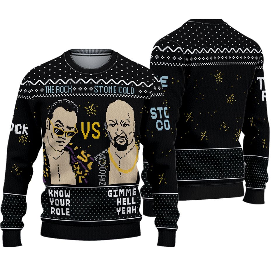 Wrestling Entertainment The Rock vs Stone Cold Ugly Christmas Sweater Men’s Holiday Pullover