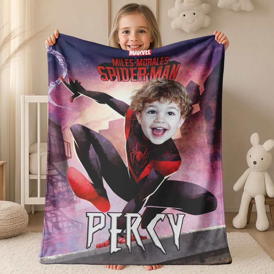 Custom Spider-man With Face Blanket, Custom Photo Name, Superhero Blanket