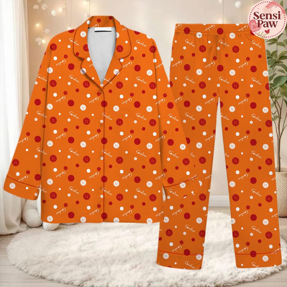 Coraline Button Pattern Pajama Set  Spooky Halloween Sleepwear  Cozy Lounge Set for Women, Creepy Cute PJs Gift