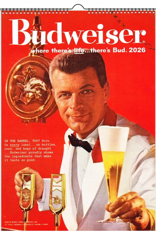 2026 Vertical Wall Calendar with Vintage Budweiser Beer Ads and Posters