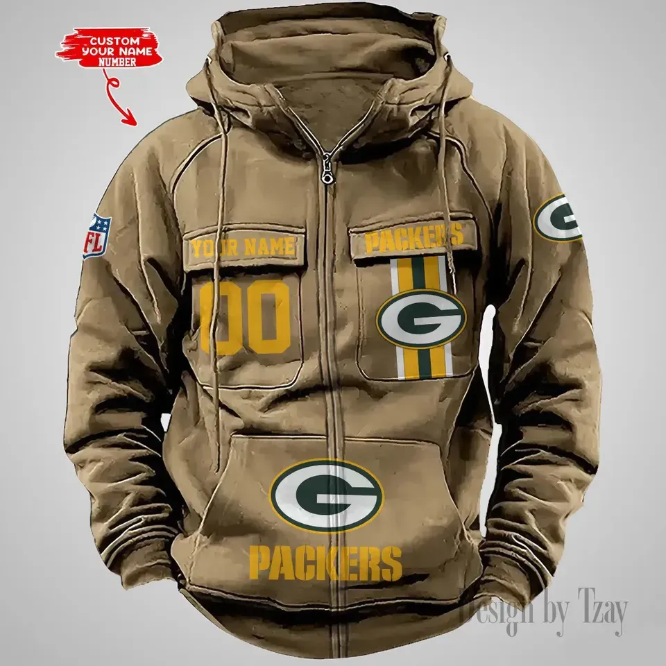 Personalized Green Bay Packers Cargo Zip Hoodie Football Team Fan Gift