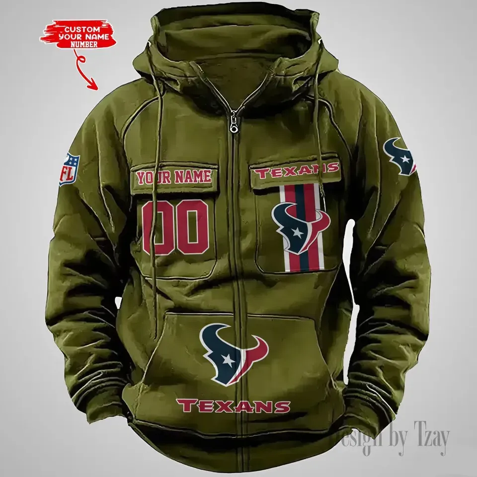 Personalized Houston Texans Cargo Zip Hoodie Football Team Fan Gift