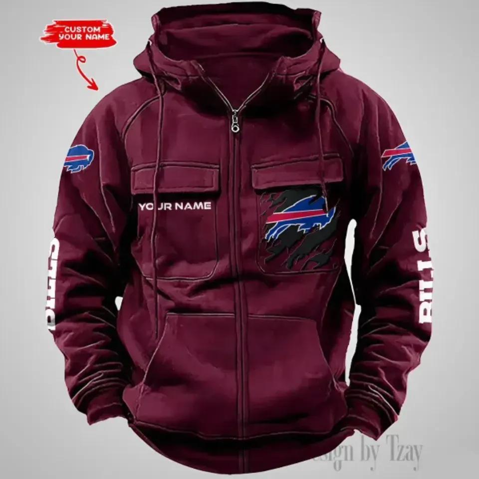 Buffalo Bills Personalized Multi-Pockets Zip-Up Hoodie