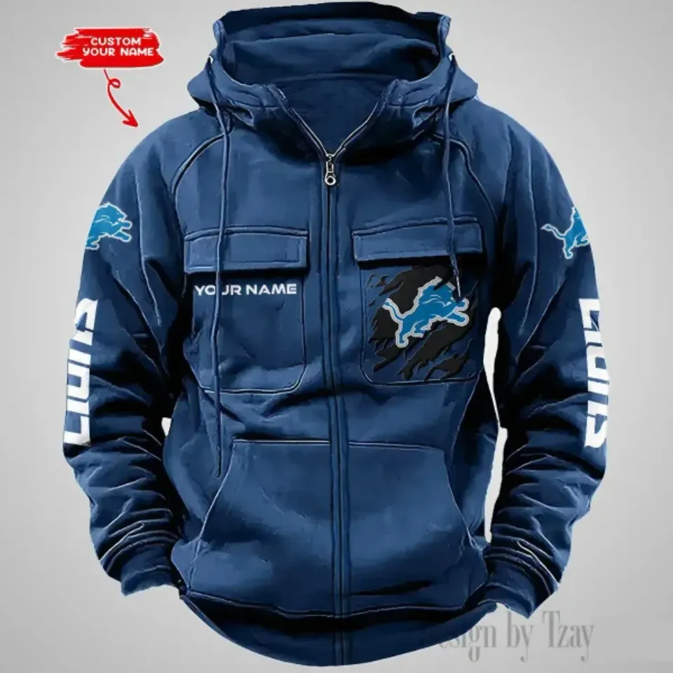 Detroit Lions Personalized Multi-Pockets Zip-Up Hoodie
