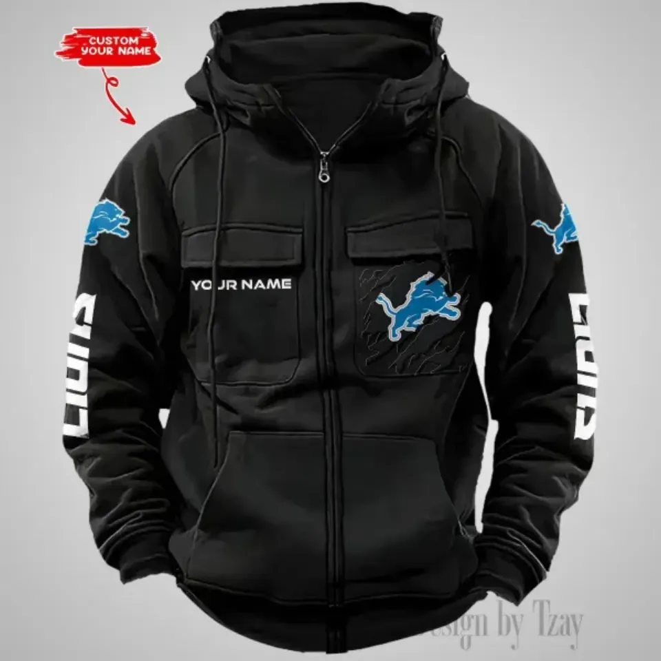 Detroit Lions Personalized Multi-Pockets Zip-Up Hoodie