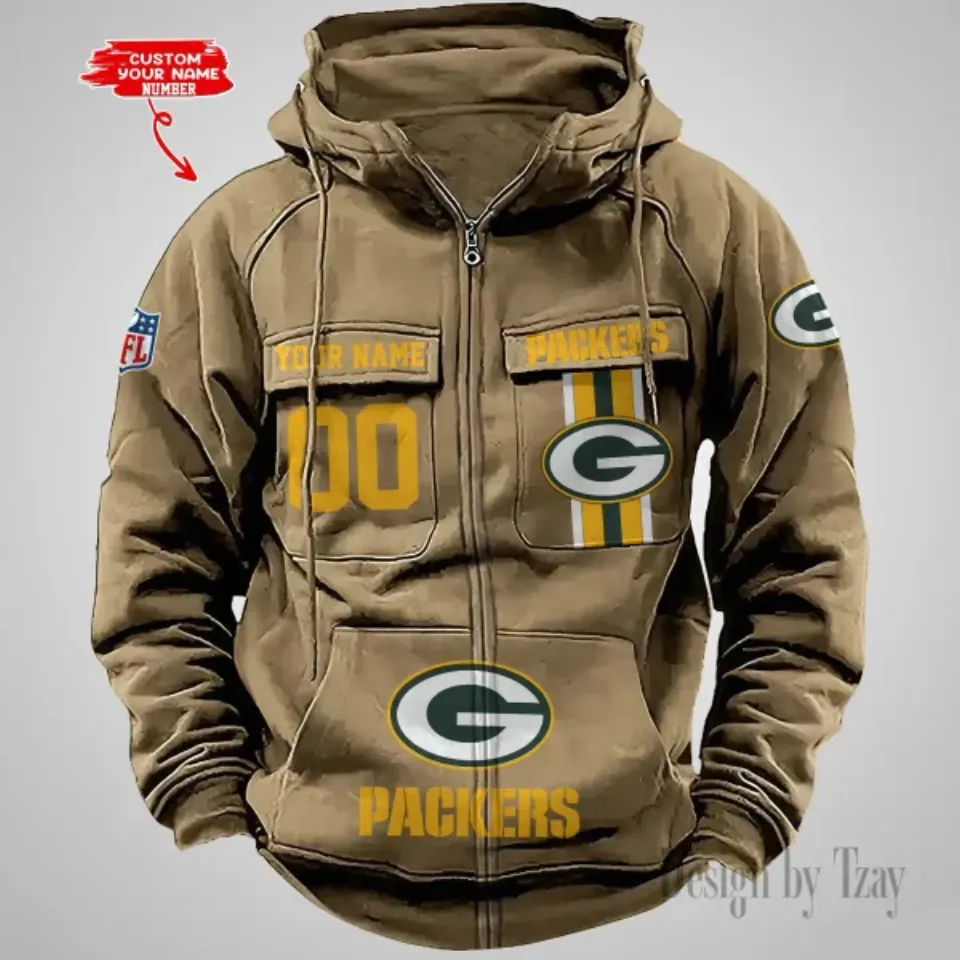 Green Bay Packers Personalized Multi-Pockets Zip-Up Hoodie