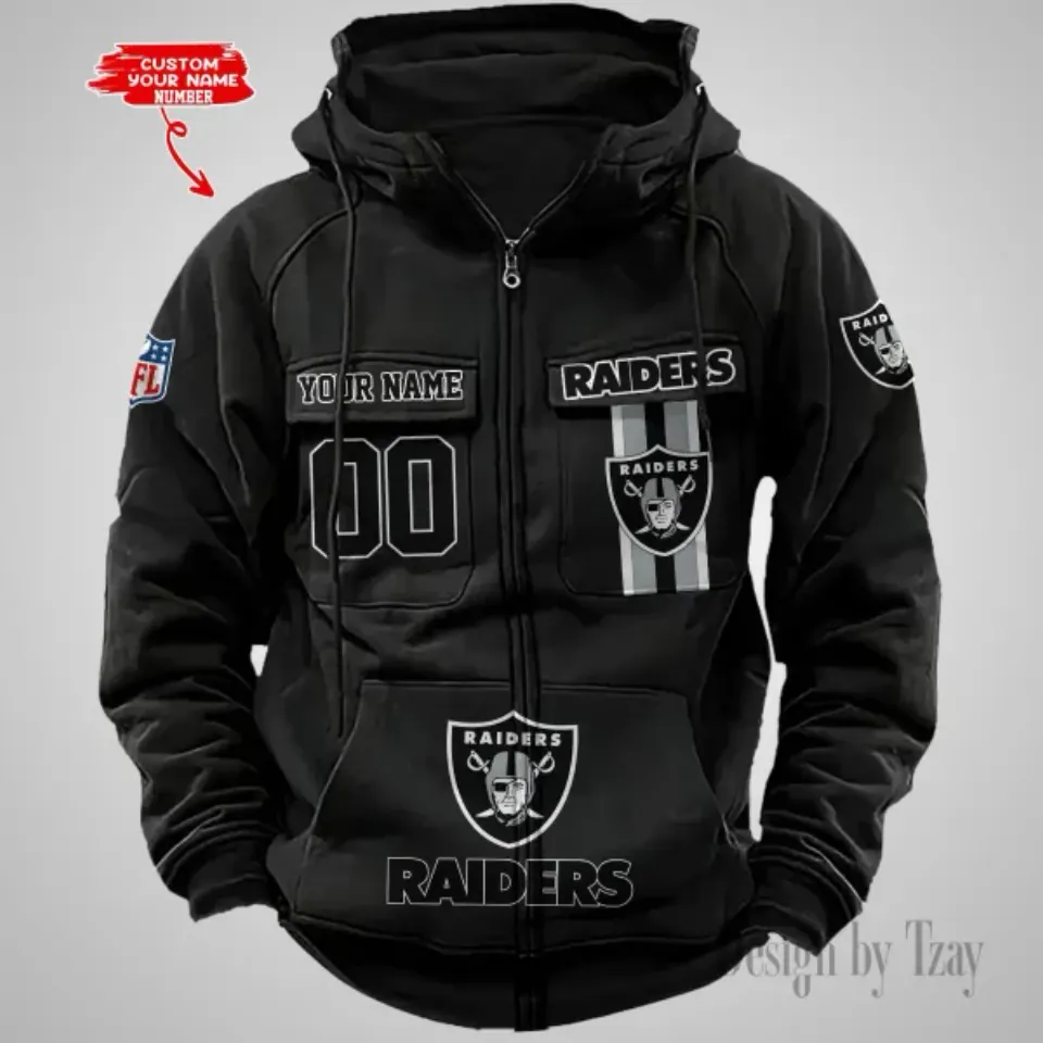 Las Vegas Raiders Personalized Multi-Pockets Zip-Up Hoodie