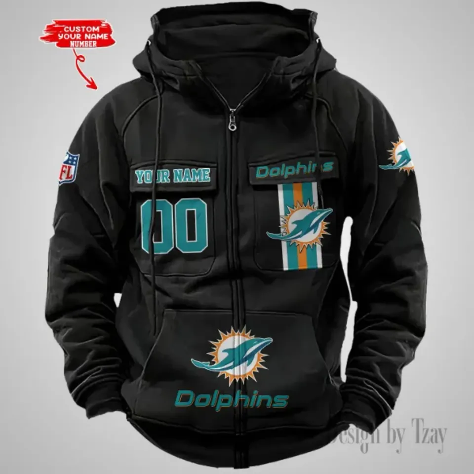 Miami Dolphins Personalized Multi-Pockets Zip-Up Hoodie