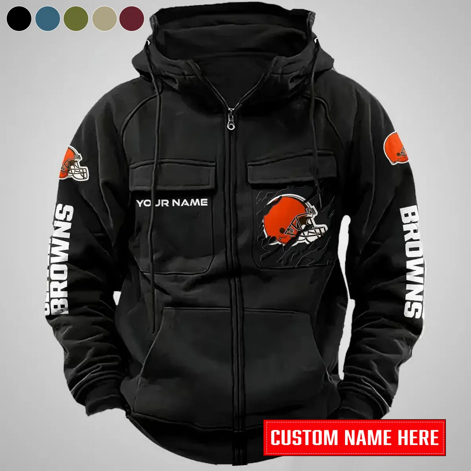Cleveland Browns New Personalized Multi-Pockets Zip-Up Hoodie