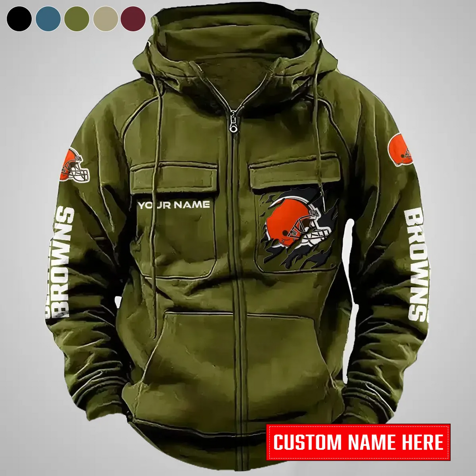 Cleveland Browns New Personalized Multi-Pockets Zip-Up Hoodie