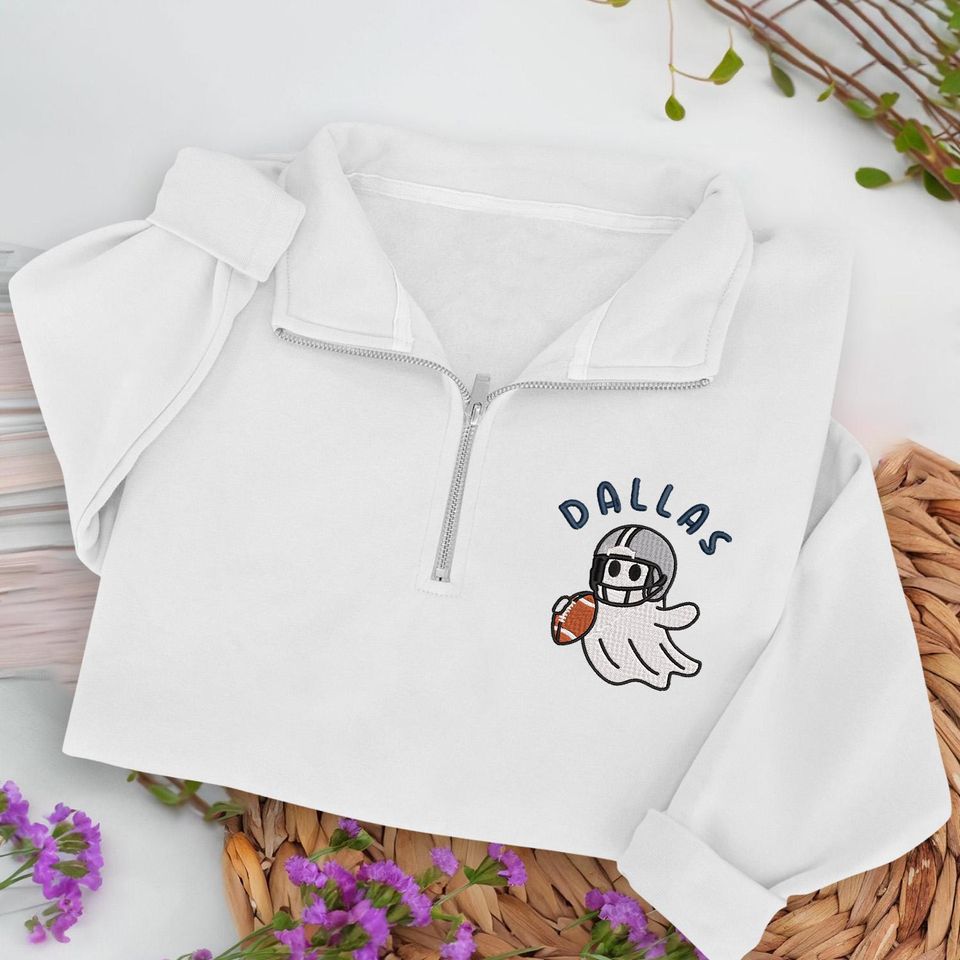 Embroidered Dallas Ghost Football Quarter Zip Sweatshirt: Cozy Game Day, Halloween Pullover