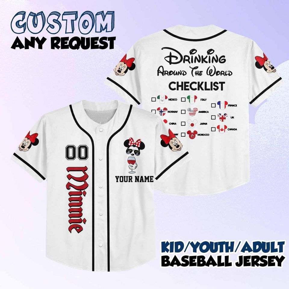 Custom Disney Drinking Around the World Team Baseball Jersey with Mickey and Friends