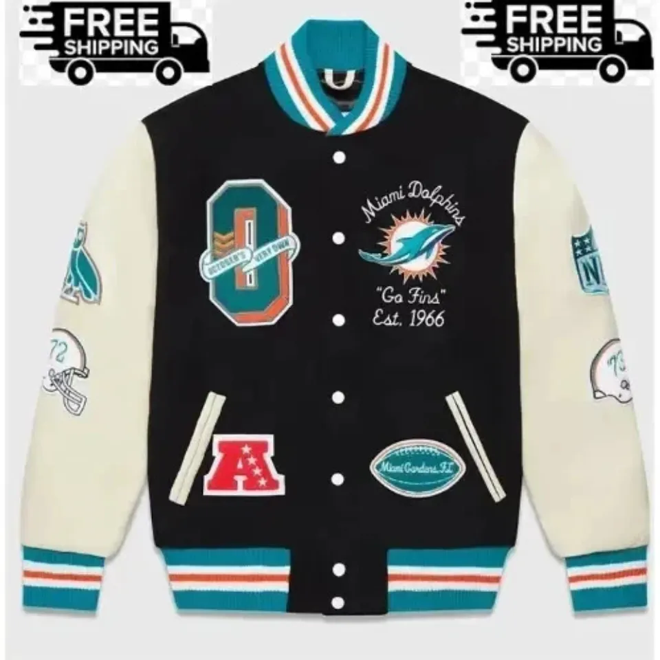 Men's Miami Varsity Black White Jacket , Not Leather, Not Satin