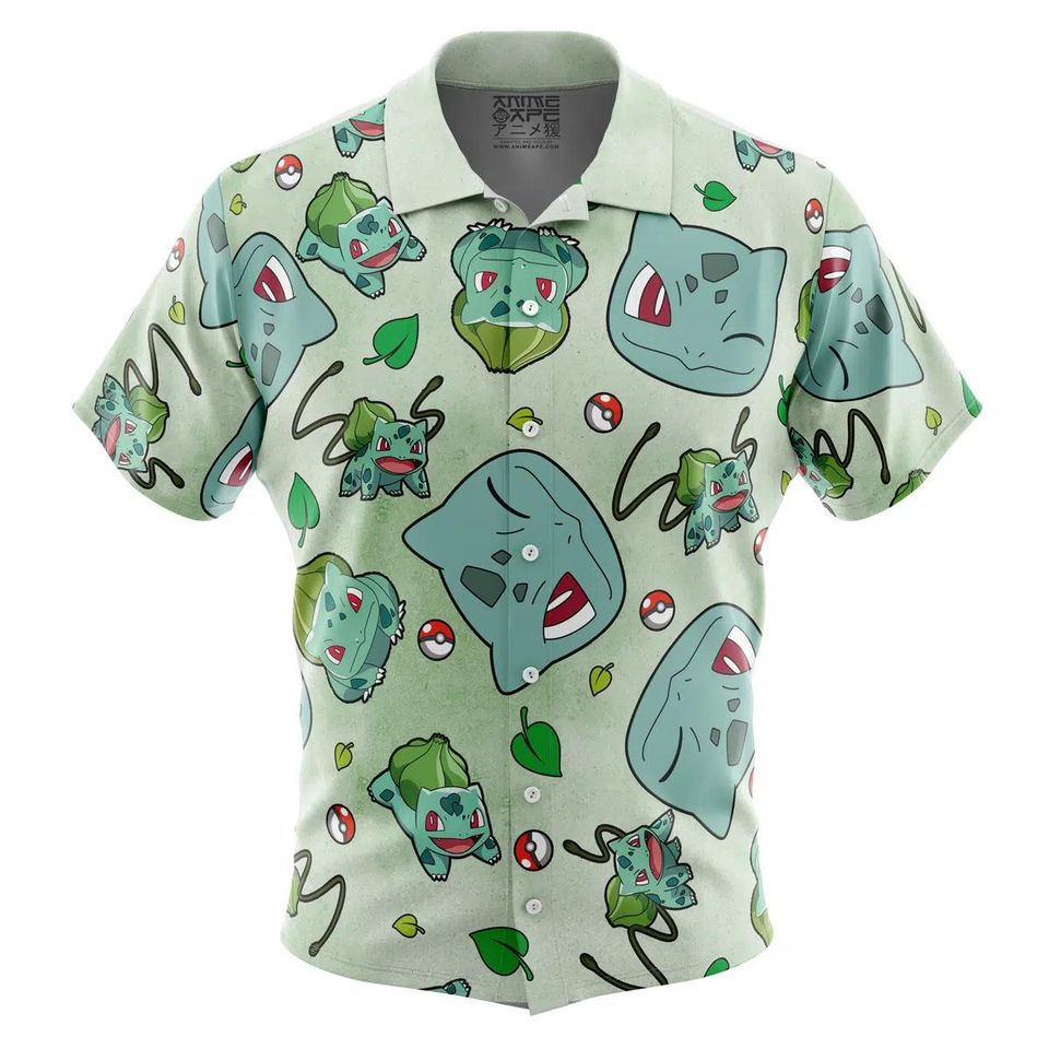 Bulbasaur Pattern Hawaiian Shirt Unisex Summer Beach Vacation Tropical Button-Up