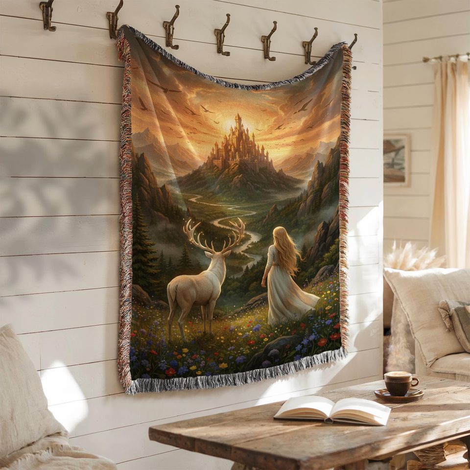 Fantasy Woven Blanket: A Golden Haired Queen & White Stag, Enchanted Forest and Castle