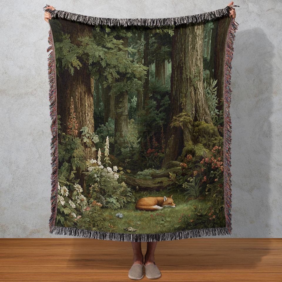 Sleeping Fox Woven Blanket: Cottagecore Forest Tapestry, Rustic Wall Decor