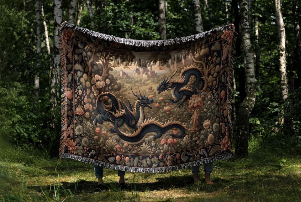 Dragon Woven Blanket Tapestry: Medieval Fantasy Gothic Decor