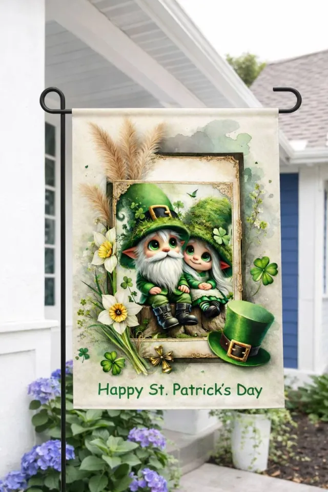 St Patrick's Pattys Day double sided Garden flag gnomes
