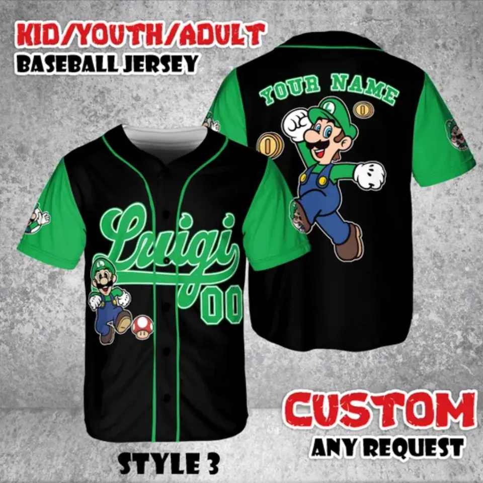 Custom Luigi Baseball Jersey, Nintendo Super Mario Shirt
