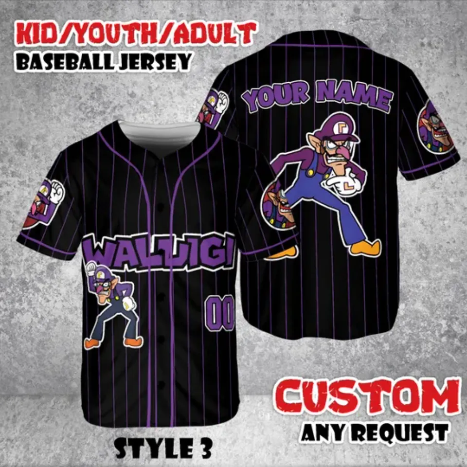 Custom Waluigi Baseball Jersey, Nintendo Super Mario Game Shirt
