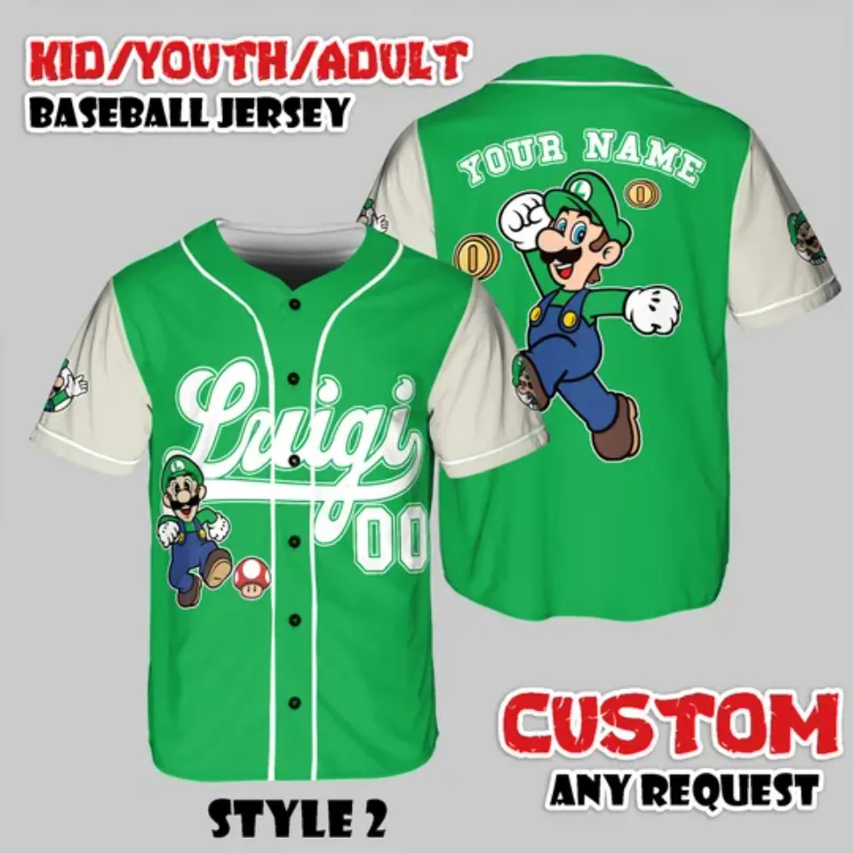 Custom Luigi Baseball Jersey, Nintendo Super Mario Shirt