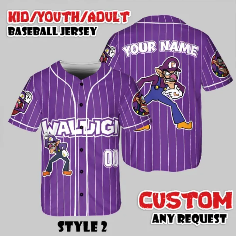 Custom Waluigi Baseball Jersey, Nintendo Super Mario Game Shirt