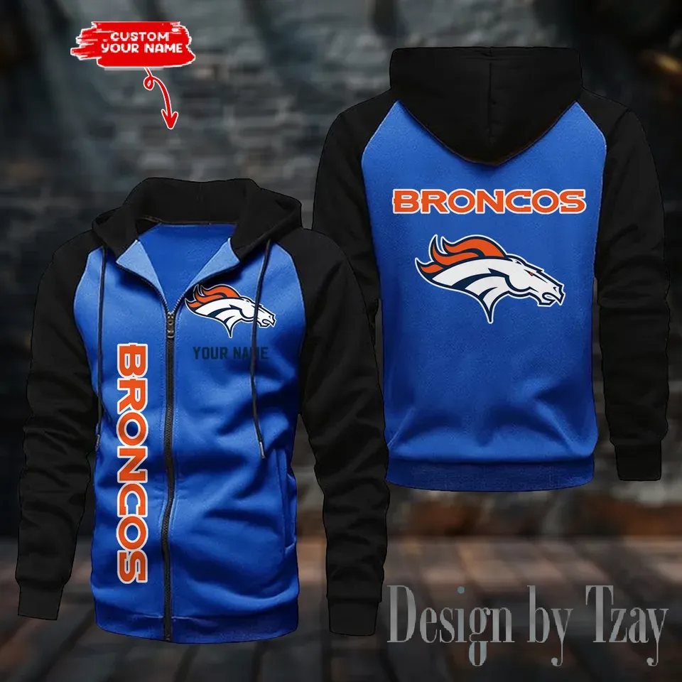Denver Broncos Men's Raglan Full Zip Hoodie American Football Team Zip Hoodie Gift For Fan