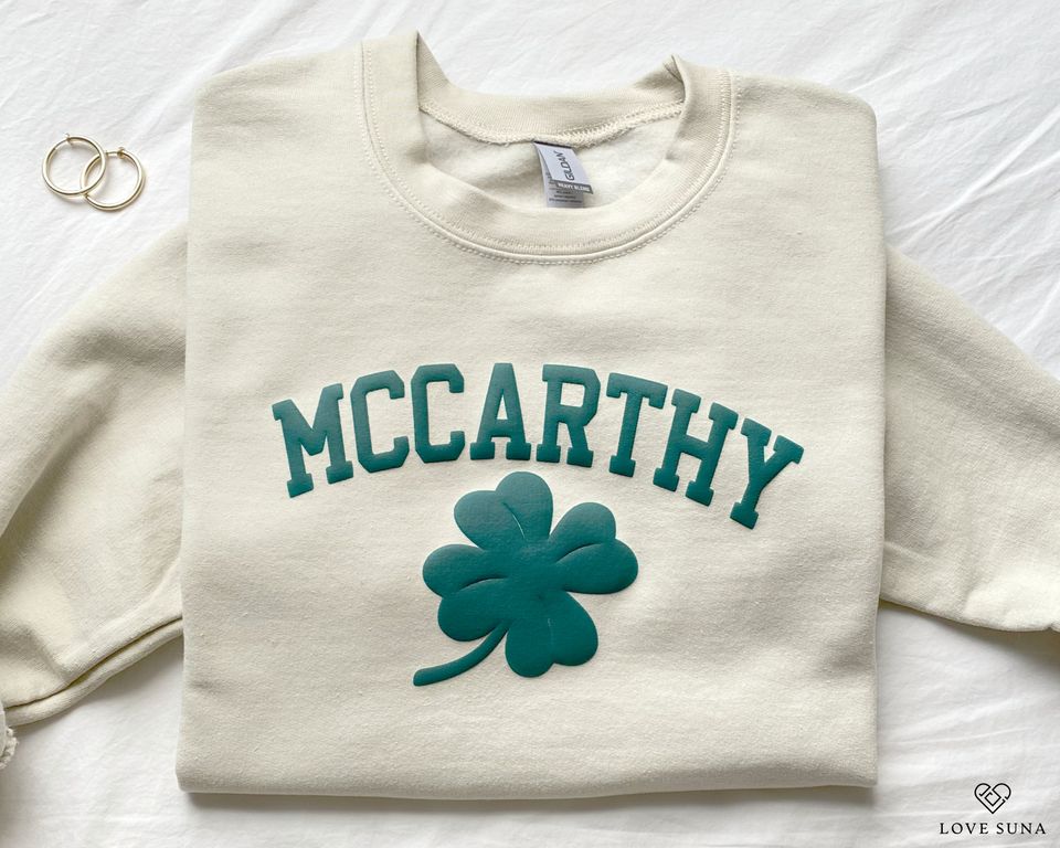 Discover Personalized Name St Patrick's Day Sweatshirt, Custom Shamrock Last Name Sweater, Four Leaf Clover Sweatshirt, Irish Surname St Patty's Top