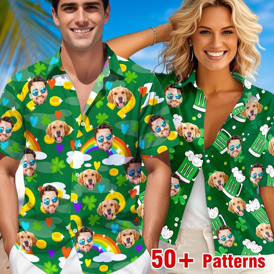 Discover Custom Face Hawaiian Shirt: Personalized St Patrick's Day Shamrock Button-Up Shirt
