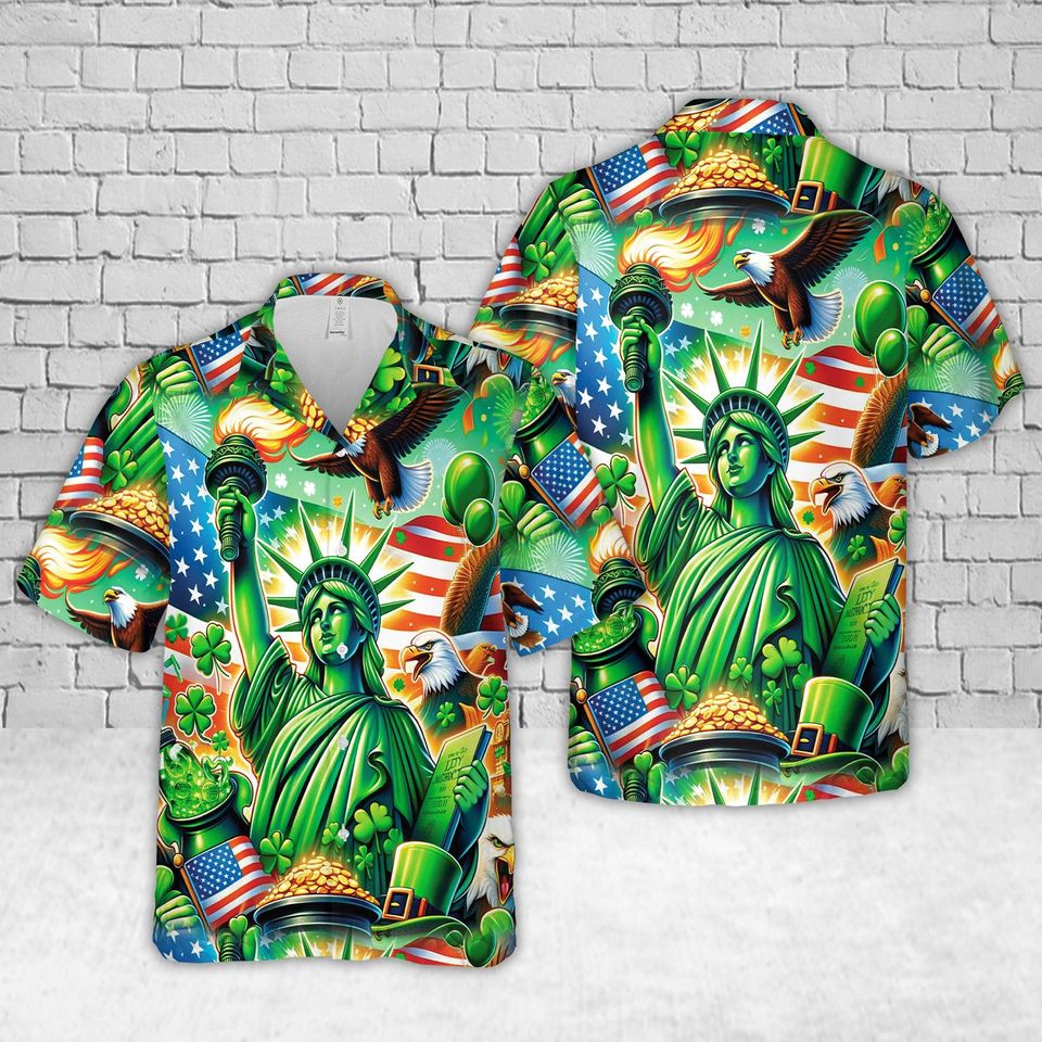 Discover USA St Patrick Hawaiian Shirt, Patriotic Irish Shamrock Aloha Shirt, Statue of Liberty Green Holiday Apparel, St Patricks Day Party Gift