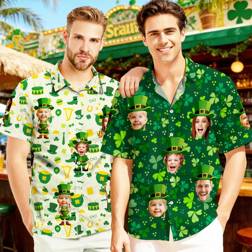Discover Personalized St Patrick Hawaiian Shirt with Face, Custom Lucky Shamrock Button Shirt