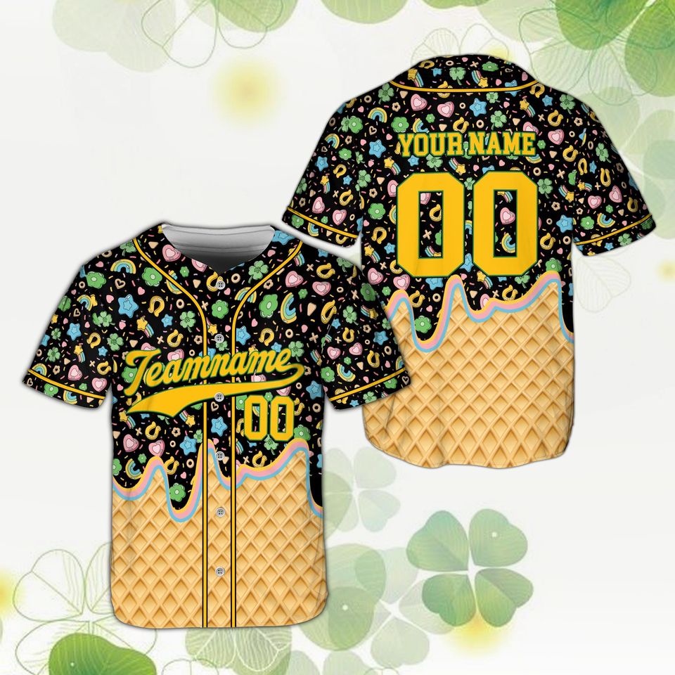 Discover Personalize St Patricks Day Lucky Charm Baseball Jersey, Custom Name Number Shamrock Drip Ice Cream Shirt, Irish Green Festival Outfit Gift
