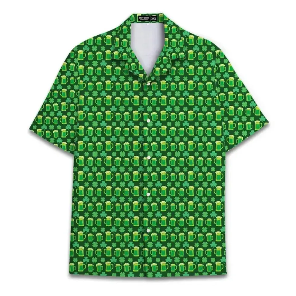Beer Mug Pattern St. Patrick's Day Hawaiian Shirt Lucky Clover Irish Pub Wear
