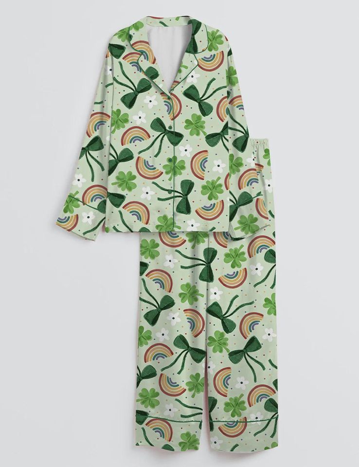 Discover St. Patricks Day Pajama Set for Women  Lucky Clover & Rainbow Button-Down Sleepwear, Cute Matching Lounge Pajamas, Cozy Gift for Her