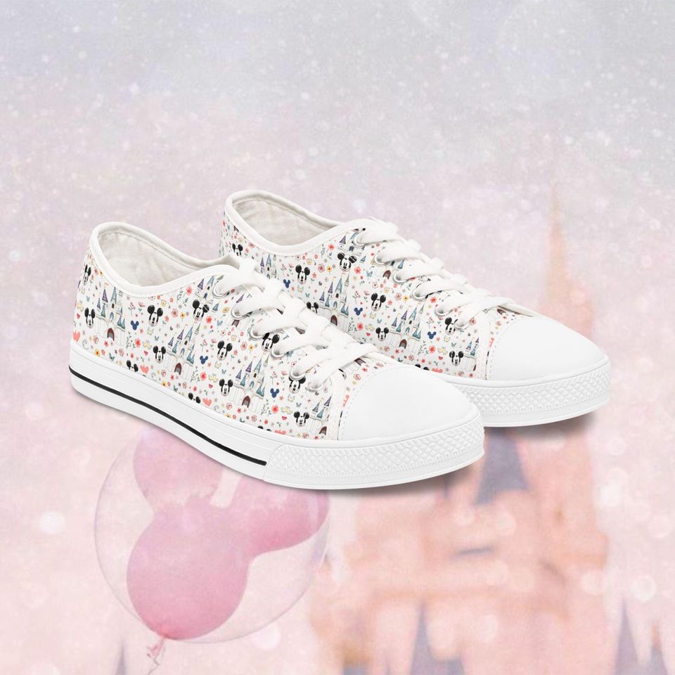 Mickey Castle Pattern Women's Low Top Sneakers, Disney Cute Mouse Print