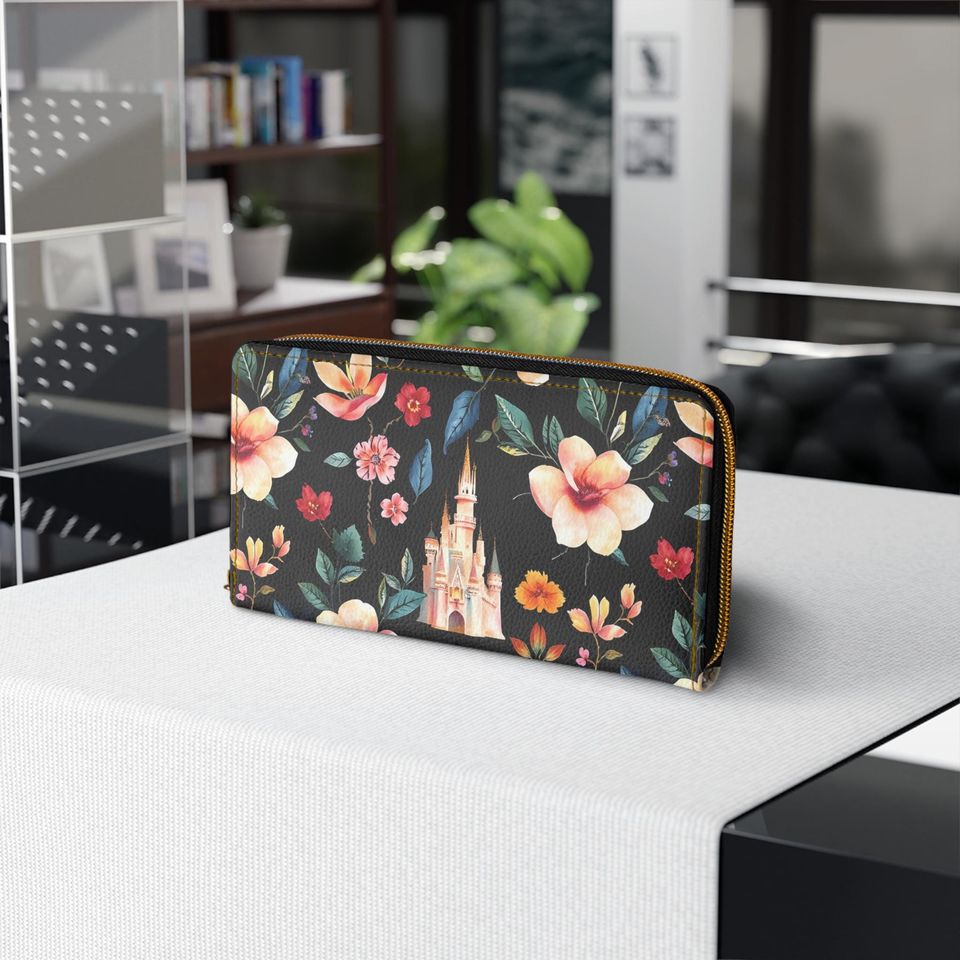 Floral Disney Castle Pattern Zipper Wallet | Black Blossom Print