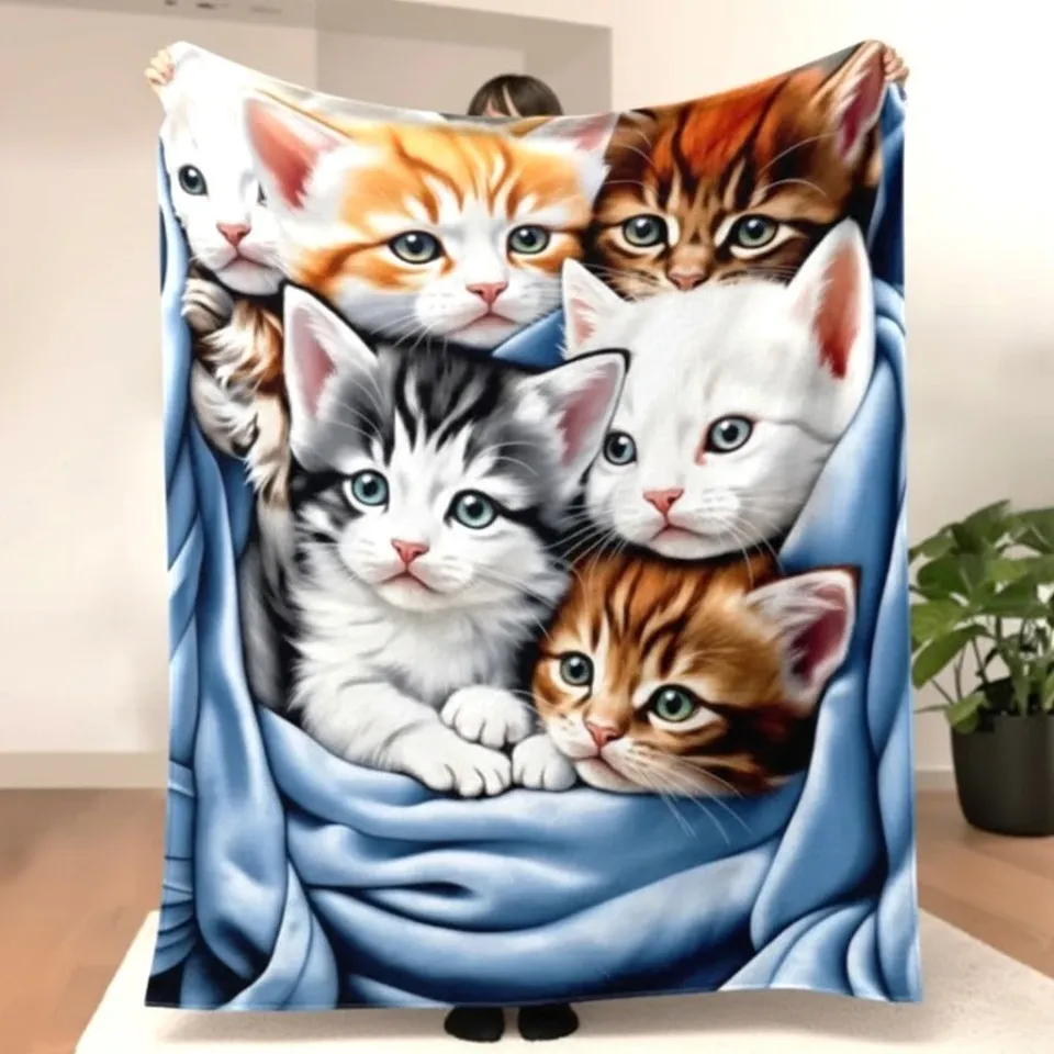 Cute Cat Flannel Fleece Blanket Soft Lightweight for Sofa Bed