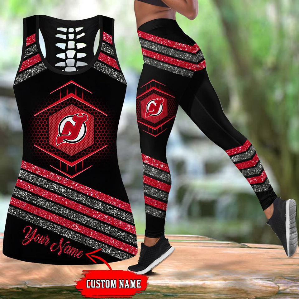 Personalized New Jersey Devils Hollow Tank Top And Leggings Set For Hockey Fans