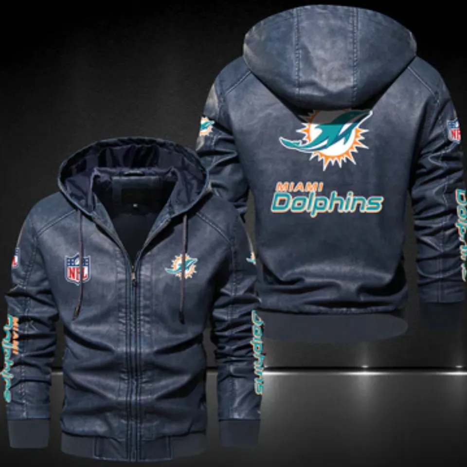 Miami Dolphins Hooded Leather Jacket, Gift For Father