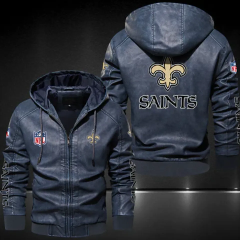 New Orleans Saints Hooded Leather Jacket, Gift For Father