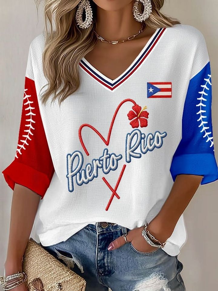 Puerto Rico Women's Casual Baseball Printed Waffle Long Sleeve